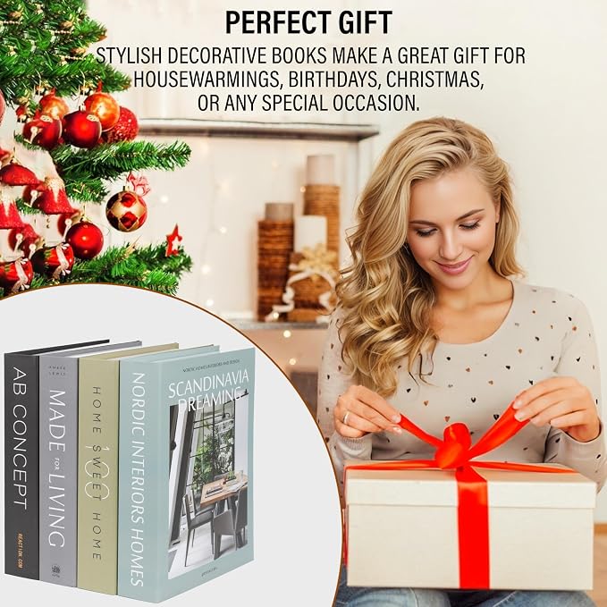PROBENEX 4 Pcs Decorative Books | Faux Olive Coffee Table & Shelf Decor | Earthy Botanical Look for Living Room, Office and Entryway - Not Real, Tool-Free 2-Min Setup