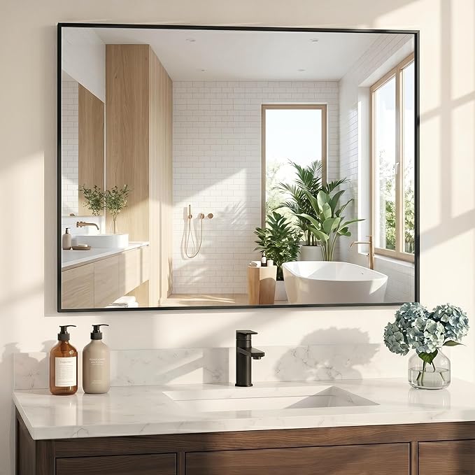 40"x30" Matte Black Framed Rectangle Bathroom Vanity Wall Mirror | Over-Sink Vanity Mirror, Slim Metal Frame, Entryway or Dresser Use, Vertical/Horizontal Mount, Tempered Glass