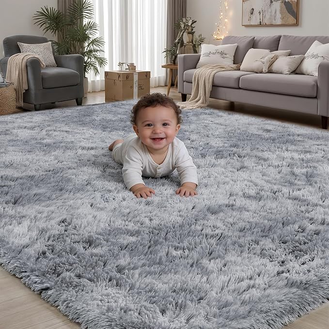 Area Rug for Living Room Bedroom: 4x6 Light Grey Soft Fluffy Shag Upgrade Non-Slip High Pile Carpet Large Fuzzy Plush Indoor Floor Decor Shaggy Rug for Kid Boys Girls Playroom Nursery Modern Home