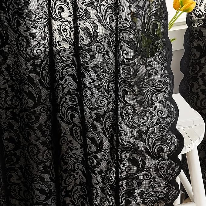 ALIGOGO Black Kitchen Lace Curtains 45 Inch Length, Boho Shabby Kitchen Short Sheer Curtains for Bathroom, Laundry Small Window Treatments 2 Panels, 52 x 45 Inch, Black