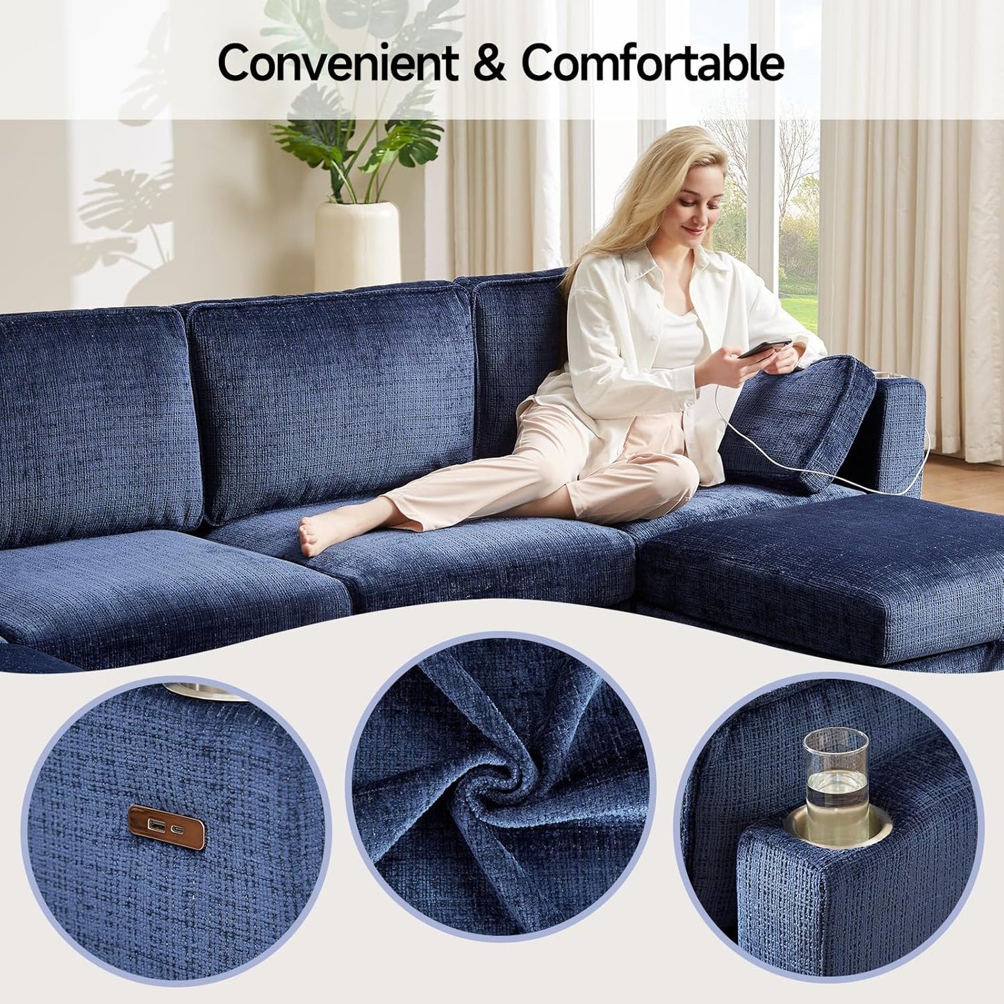 110" Modular Sectional Sofa, Convertible Sleeper Sofa Couch Bed with Adjustable Backrest, U-Shaped Chenille Cloud Couch with Ottoman Storage, Deep Seat Couches for Living Room,Blue