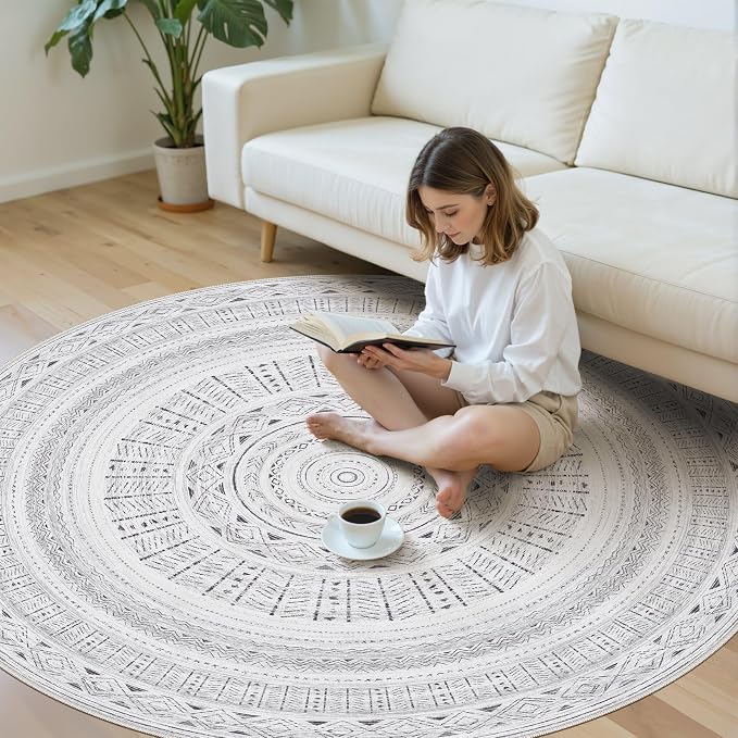 cotiled 6x6 Round Area Rugs Living Room Rug: Washable Boho Rugs with Non Slip Backing Large Soft Indoor Stain Resistant Carpet for Bedroom Farmhouse Dining Room Lightweight Home Decor Dark Grey