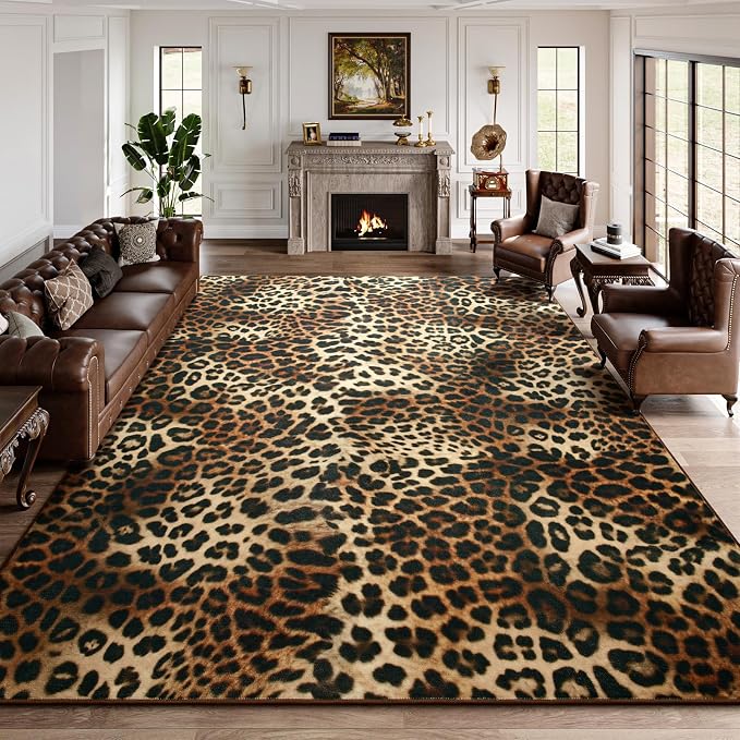 DweIke Leopard Rugs for Living Room, 5x7 Cheetah Print Rug for Bedroom Decor, Washable Non-Slip Stain Resistant Faux Animal Throw Carpet for Dining Room Office Western Home, Dark Brown