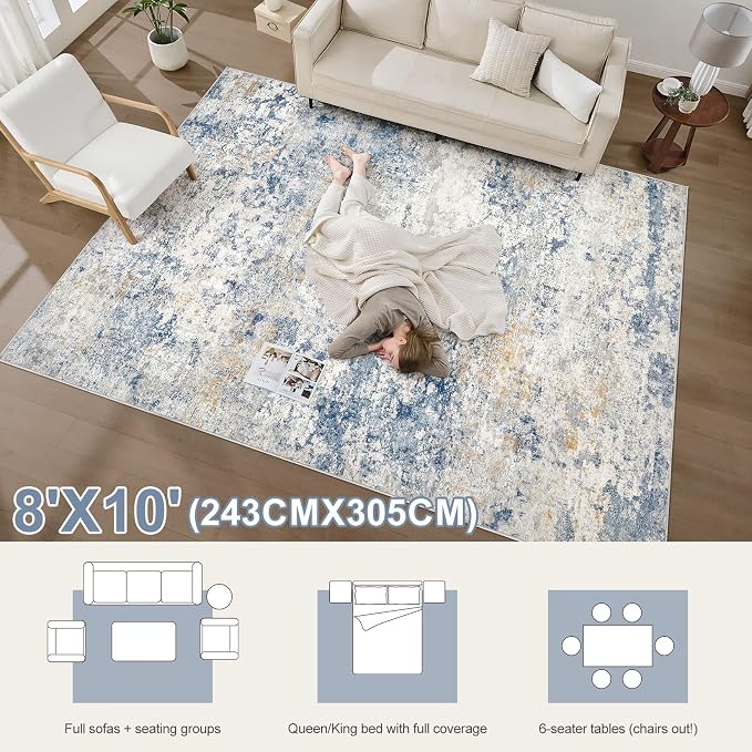 DMOYEST Area Rug Living Room Rugs - 8x10 Abstract Large Soft Indoor Washable Rug Neutral Modern Low Pile Carpet for Bedroom Dining Room Farmhouse Home Office - Blue