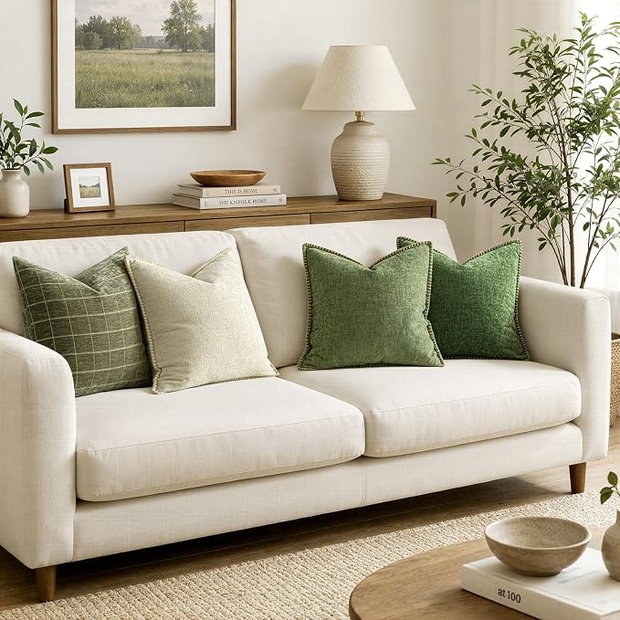 MIULEE Pack of 2 Couch Throw Pillow Covers 16x16 Inch Sage Green Farmhouse Decorative Pillow Covers with Stitched Edge Soft Chenille Solid Dyed Summer Pillow Covers for Sofa Bed Living Room