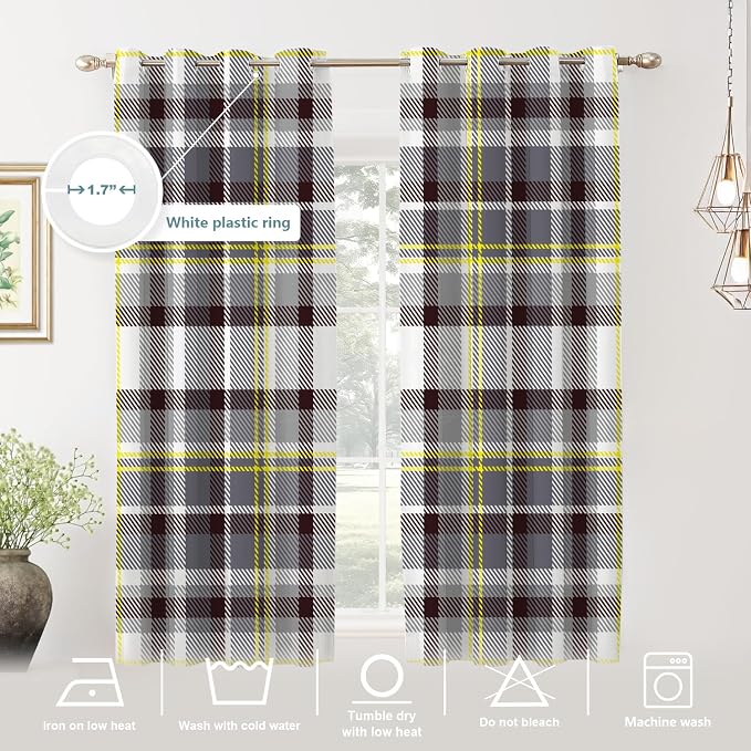 Shrahala Grunge Vintage Art Plaid Blackout Window Curtains, Tartan Grey Thermal Insulated Curtains Grommet Top Window Drapes for Living Room, Bedroom (2 Panels,52 x 63 in)