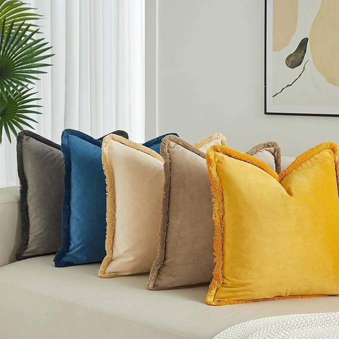 JUSPURBET Stone Decorative Velvet Fringe Throw Pillow Covers 24x24 Set of 2 Boho Soft Cushion Case for Home Decor Living Room Couch Sofa Bed