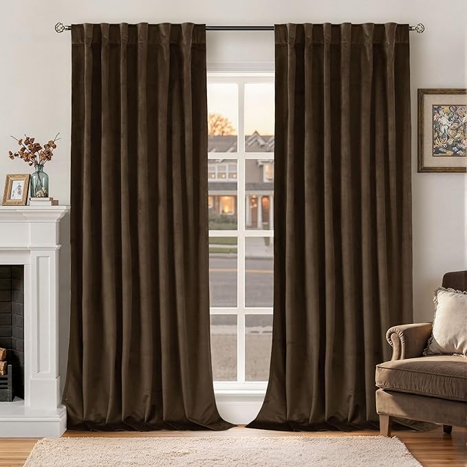 BGment Brown Velvet Blackout Curtains 90 Inches Long - Vintage Super Soft Thick Thermal Insulated Room Darkening Curtains with Back Tab and Rod Pocket for Bedroom/Nursery, 2 Panels, 52 x 90 Inch