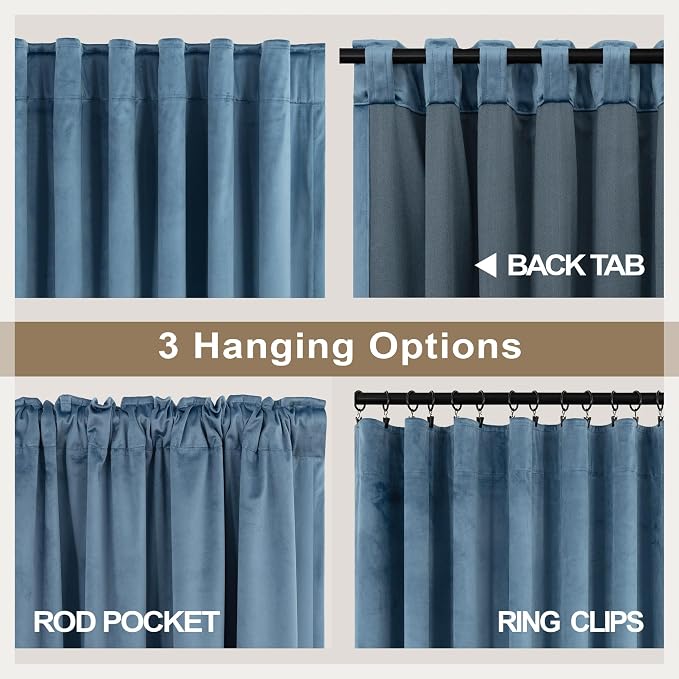 Stone Blue Velvet Curtains 90 Inch Length 2 Panels Classic Solid Contemporary Coastal Thermal Insulated Room Darkening Light Blocking Window Drape for Living Room Boys Bedroom 90 Long Back Tab Pocket