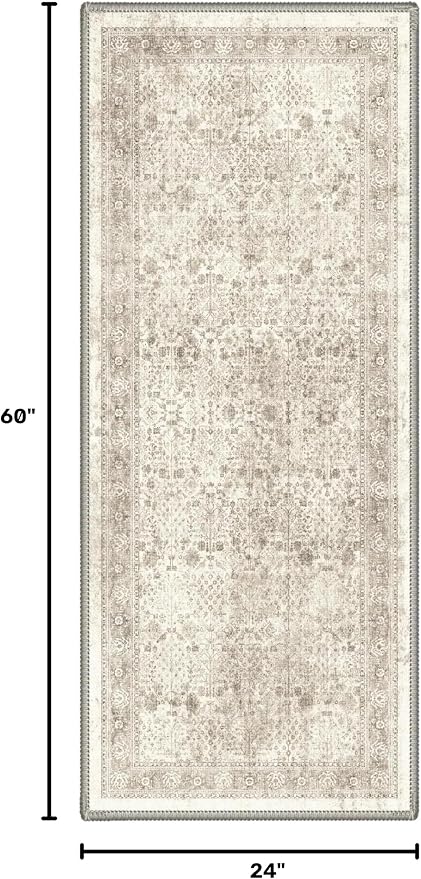 Bavni 2x5 Rug Runners for Hallways, Machine Washable Runner Rug Non Slip, Vintage Floral Print Style Rugs for Bedroom-Lightweight Low Pile Carpet for Hallways Bathroom, Beige