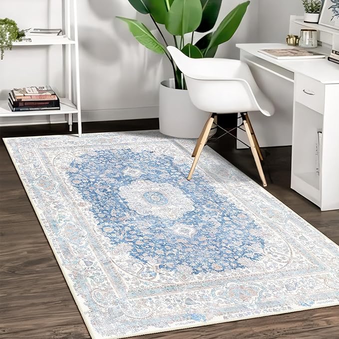 Blue Rug 3x5,Washable Area Rugs for Bedroom Living Room Kitchen Entryway,Small Boho Vintage Bohemian Distressed Non Slip Carpet,Floral