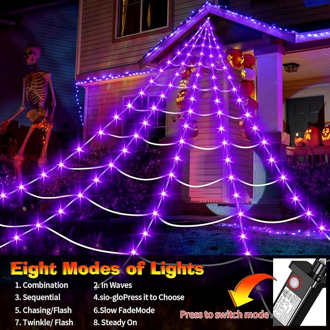 Halloween Decorations Outdoor, 200 LED Halloween Giant Spider Web Lights, 16.4Ft Lighted Spider Web Light up for Yard Haunted House Decor