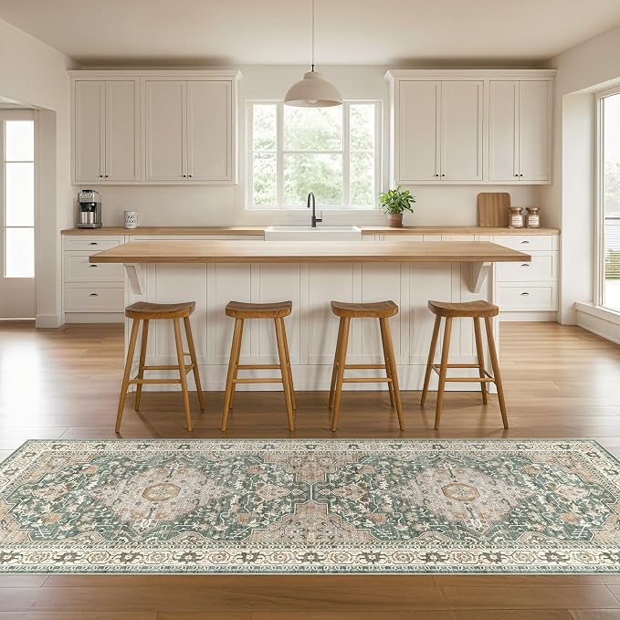 Runner Rug Kitchen Washable Rugs: 2x6 Non-Slip Abstract Soft Modern Stain Resistant Indoor Floor Neutral Accent Throw Carpet for Hallway Bathroom Laundry Room Entryway Bedroom- Green