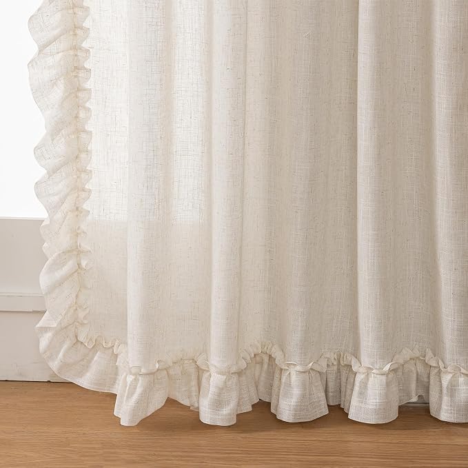 Extra Long Ruffle Curtains 108 Inches Long 2 Panels, 58x108 Inch, Natural Linen Textured Ruffled Curtains for Living Room Rod Pocket Privacy Light Filtering Cottagecore Semi Sheer Flowy Window Drapes