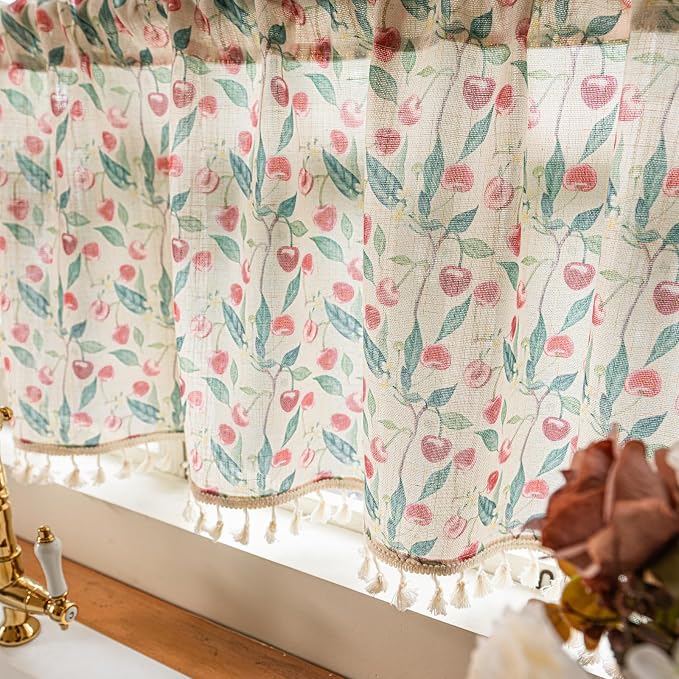 Deeprove Valance Kitchen Curtain Linen Look 18 Inch for Living Room Bedroom Window Treatment Fruits Red Cherry Print Privacy Light Filtering Vintage Rustic Farmhouse Cottagecore Rod Pocket 1 Panel