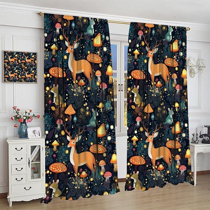 Fantasy Plant Curtains,Cute Woodland Deer Forest Animal Floral Mushroom Print Window Treatments for Bedroom Living Room Study Window Drapes 2 Panels Set,Total Size 84 x 84 Inch