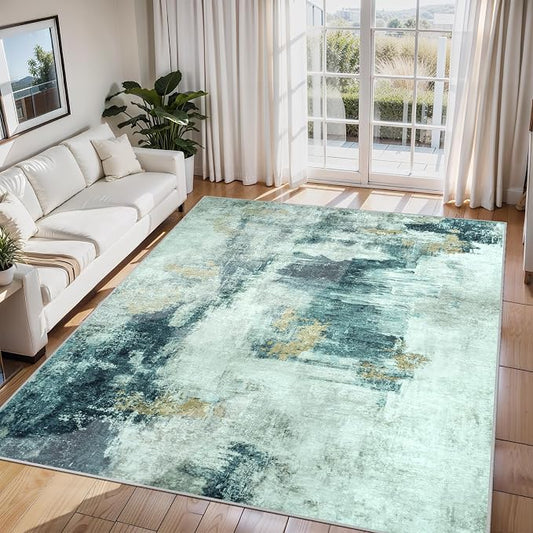 6x9 Area Rugs for Living Room Rug Washable: Abstract Rug for Dining Room Bedroom Carpet Non Slip 6 by 9 Indoor Modern Nursery Home Office Teal Grey Gold