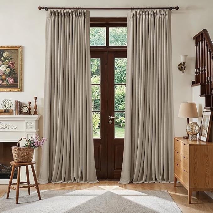 Greige Pleated Blackout Curtains 96 Inches Long 2 Panels for Dining Living Room Darkening Neutral Memory Shape Pinch Pleat Black Out Heavy Duty Thermal Insulated Curtain Drapes with Liner Deep Flax