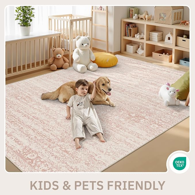 Soalmost Pink 5x7 Area Rugs for Baby Girl Nursery, Washable Soft Rugs | Vintage Floral Non-Slip Low Pile Throw Carpet for Living Room Dining Room Bedroom Kids Playroom 5'x7'