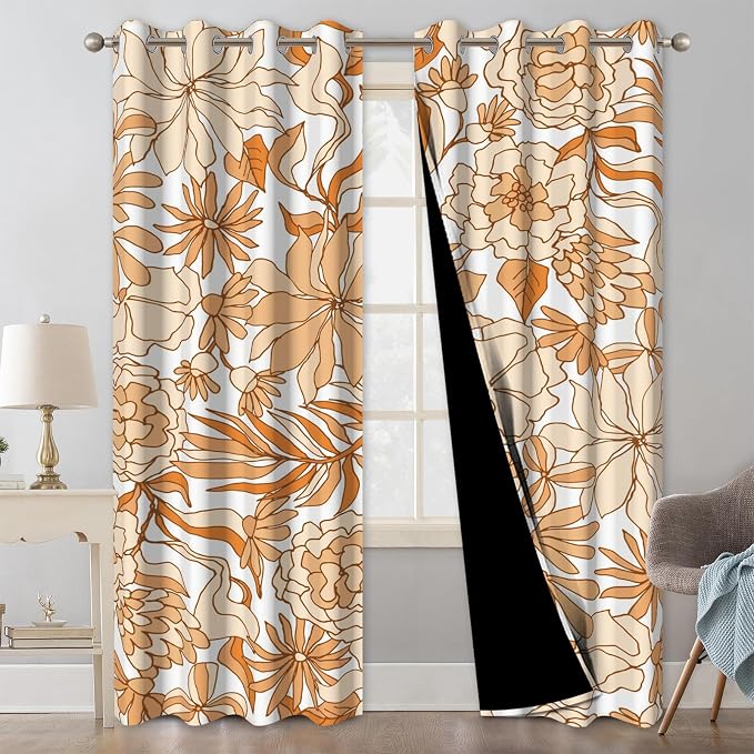 Boho Blackout Curtains for Bedroom and Living Room, Floral Patterned Black Out Curtains 84 Inch Long with Tiebacks, Farmhouse Summer Thermal Insulated Energy Efficient Bedroom Curtains 2 Panel Sets