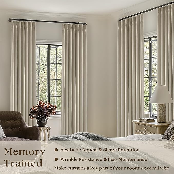 Burlywood Birch Pinch Pleated Full Blackout Curtains Linen Blend Room Darkening Window Curtains 94 Inch for Living Room Bedroom Thermal Insulated Back Tab Pinch Pleat Drapes with Hooks Rings 2 Panels