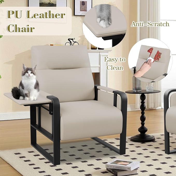 Modern Accent Chair PU Leather Upholstered Armchair with Tray Table for Bedroom Living Room Chairs Office Chair Beige