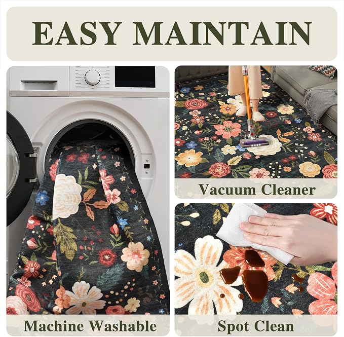 2.6x8 Machine Washable Runner Rug, Kitchen Hallway Area Rug Black Green Vintage Boho Floral Non-Slip Low Pile Soft Faux Wool Carpet Kids and Pets Friendly for Bedroom Entryway Nursery Home Decor Rug