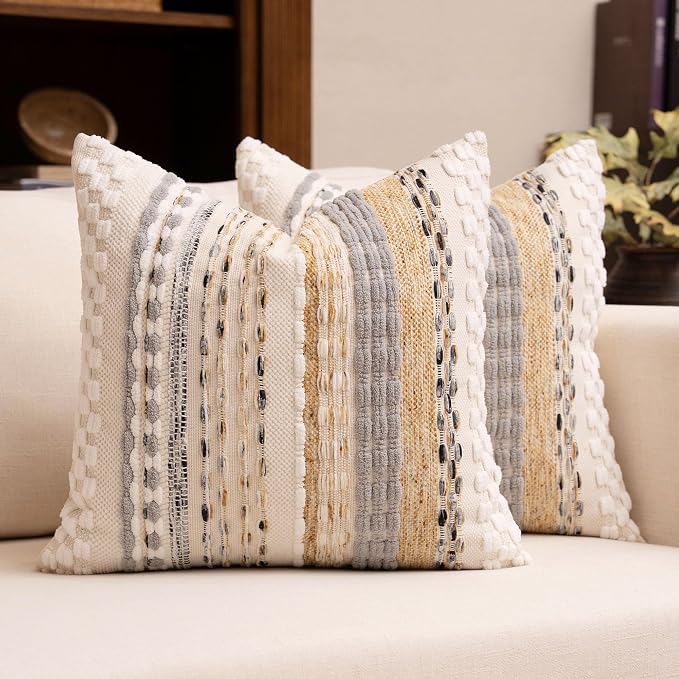 Boho Chenille Tufted Throw Pillow Covers 18x18 Inch Set of 2 Farmhouse Beige Woven Striped Decorative Pillowcases for Couch Sofa Bed