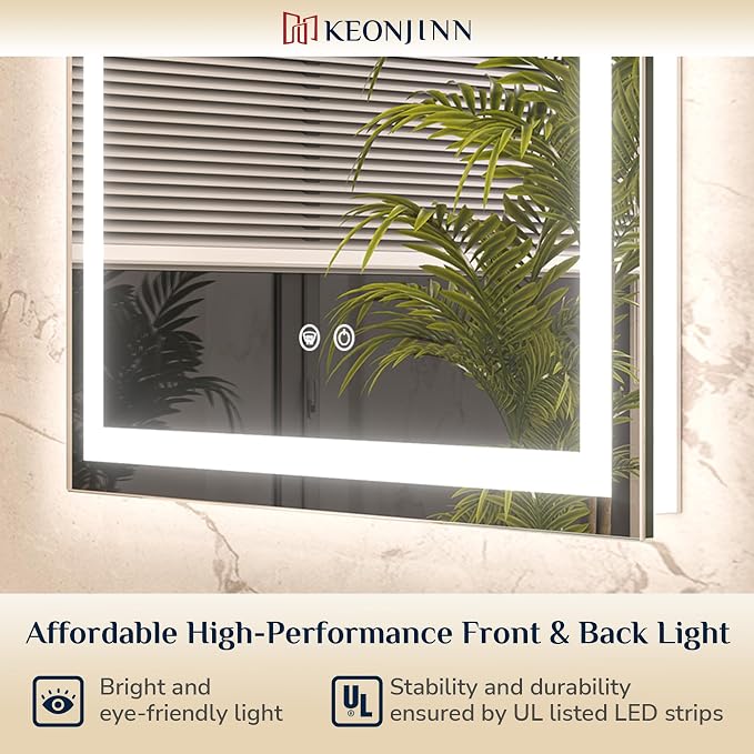 Keonjinn LED Bathroom Mirror with Lights 36" x 36", Frontlit & Backlit LED Mirror for Bathroom Wall with Dimmable 3-Color Lights, Anti-Fog Mirror with HD Tempered Glass, UL-Listed LED Driver