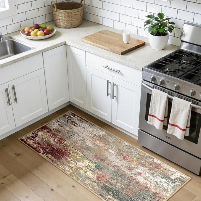 RELEANY Washable Area Rugs 2'x5' Non-Slip Modern Abstract Soft for Living Room Entryway Bedroom Kitchen, Print Pattern, Brown Rust Red Green Blue Multi