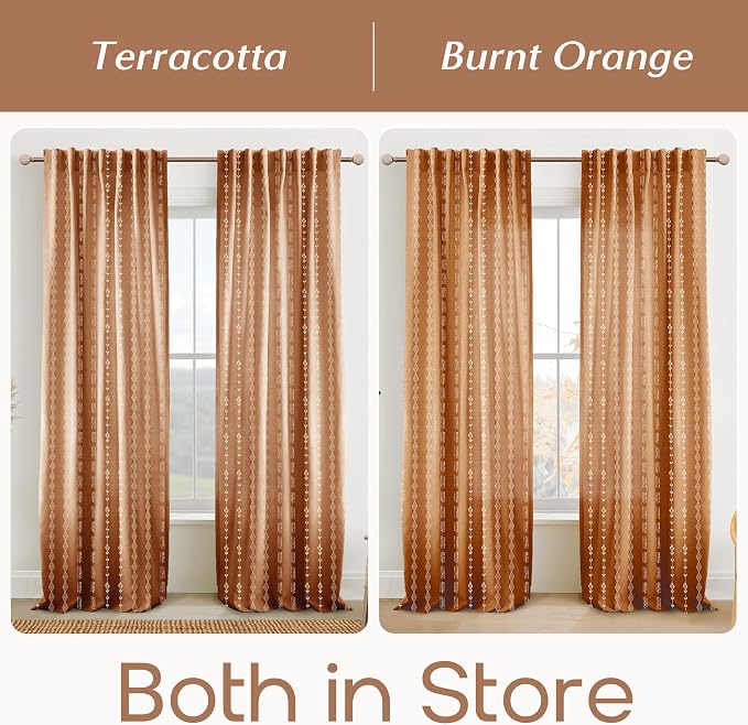 Terracotta Boho Curtains for Living Room Bedroom, Vintage Burnt Orange Rust Colored Floral Printed Drapes, Rustic Farmhouse Sheer Linen Patterned Curtains 84 Inch Length 2 Panels Set