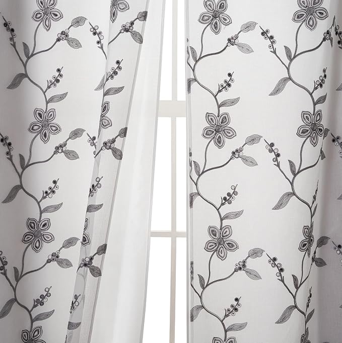 Petrichor Embroidered Sheer Curtain 2 Panels Set - Luxury Window Curtain Attached Valance with Satin Backing and 2 Tie Backs for Living Room,Dining Room, 54x63 inches, Gray
