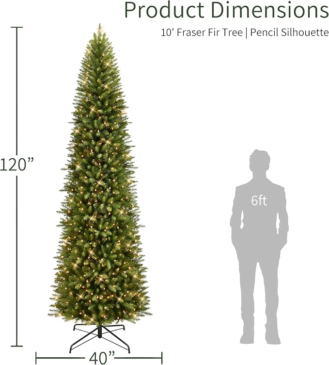 Puleo International 10ft Pre-Lit Fraser Fir Pencil Christmas Tree with 650 Clear Lights, 2436 Realistic Dense Branch Tips, Easy Setup Artificial Trees with Sturdy Metal Stand