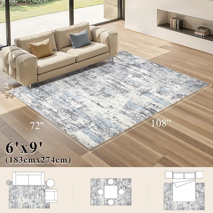 Area Rugs 6x9 Living Room: Washable Large Abstract Modern Neutral Soft Rug Stain Resistant Non-Slip Backing Carpet for Bedroom Dining Room Indoor Nursery Dorm Home Office Decor - Blue Grey