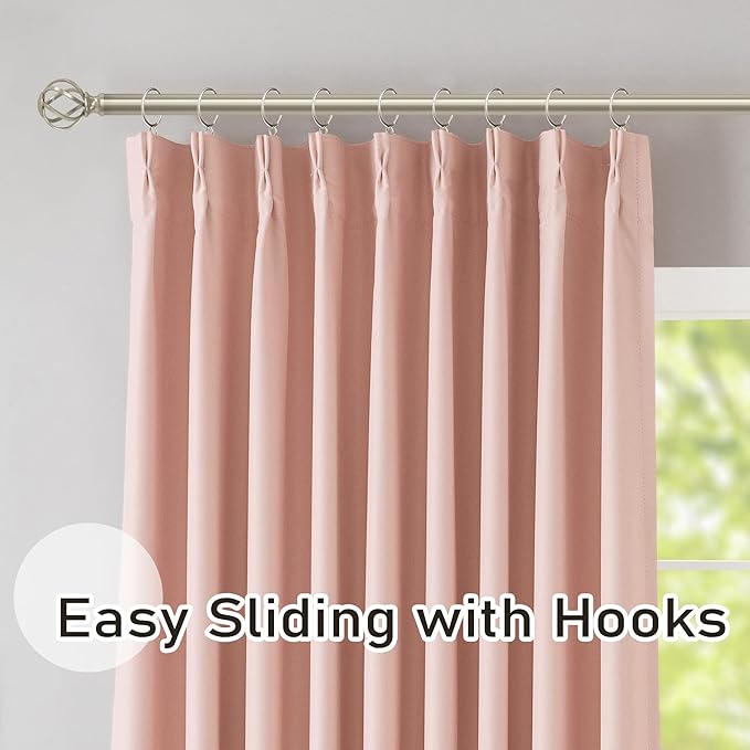 DONREN Baby Pink Pinch Pleated Blackout Curtains with Hooks - 100 inch Length Room Darkening Thermal Insulated Window Curtain Panels for Living Room Bedroom 2 Panel 40" Wx100 L