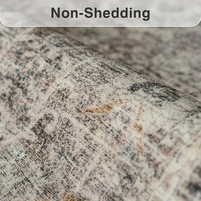 FMFUNCTEX 10x14 Washable Area Rug Taupe Vintage Neutral Distressed Large Non Slip Carpet for Living Room Bedroom Soft Low Pile Indoor Mat Retro Floral Throw Rug for Dining Room Kitchen Office Nursery