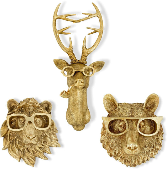 Luxicoze Gold 3pcs Animal Heads Wall Decor - Victorian-Style Lion Head, Bear Head, and Deer Head Wall Mount Decor, Adorned with Spectacles, Resin Home Decor Sculptures for Artistic Living Rooms, Animal Statue.