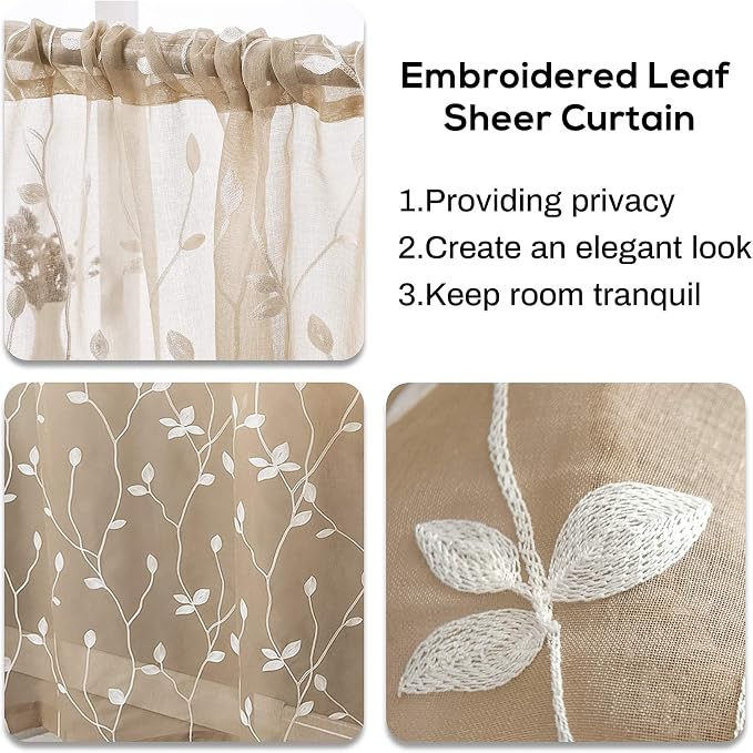 AmHoo 2 Panels Embroidered Leaf Pattern Semi Sheer Curtains Foliage Floral Voile Window Draperies Treatment for Bedroom Living Room Rod Pocket Taupe 53 x 84 Inch