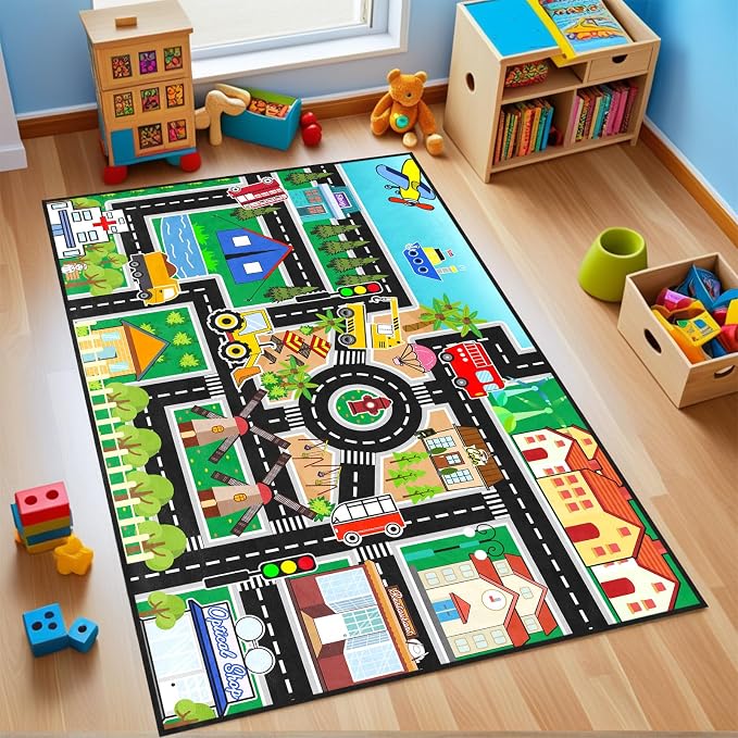 Car Rug Play Mat - Road Rug for Boys Room, Fun Race Track Traffic Road Carpet for Boys Playmat Educational Learn, Car Carpet for Room Decor Playmat Bedroom Playroom, 2.5x4 Feet