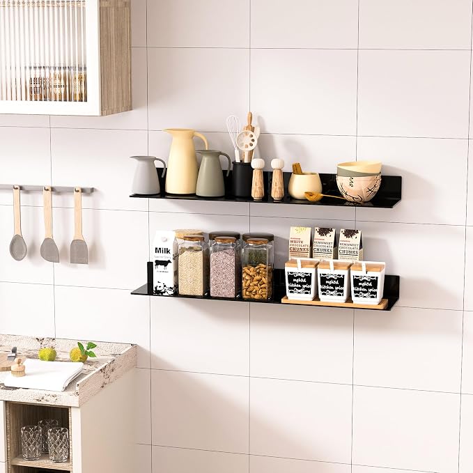 Sezanrpt 30 Inches Acrylic Long Wall Shelf Set of 2, Black Wall Mounted Acrylic Bathroom Storage Shelves Display Organizer, 2 Pack(30 Inch)