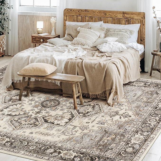 Area Rug for Living Room - 9x12 Soft Machine Washable Oriental Vintage Floral Distressed Large Indoor Floor Carpet for Bedroom Under Dining Table Home Office Decor - Grey Brown
