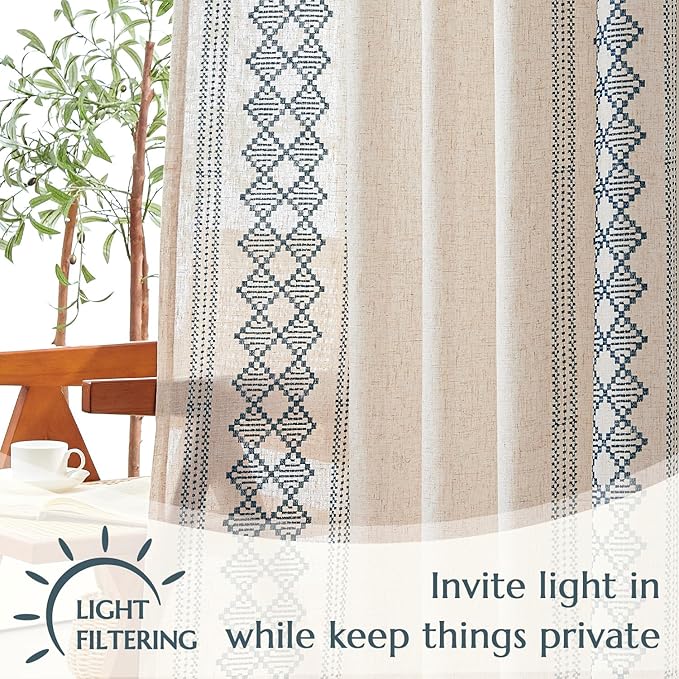 jinchan Boho Curtains Linen Blend Beige Farmhouse Curtains 96 Inches Long for Living Room Blue Square Embroidered Bordered Back Tab Bedroom Window Light Filtering Bohemian Drapes 2 Panels