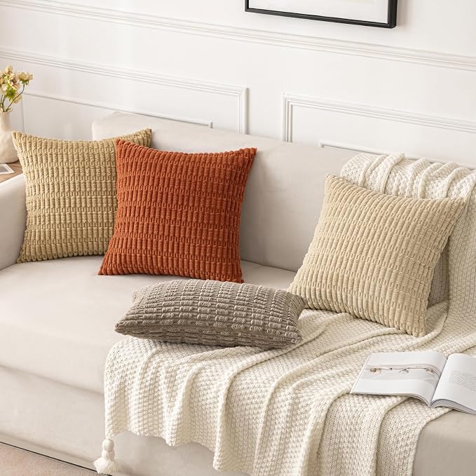 MIULEE Pack of 2 Corduroy Decorative Lumbar Throw Pillow Covers 20x12 Inch Soft Boho Striped Pillow Covers Modern Farmhouse Home Decor for Sofa Living Room Couch Bed Tan