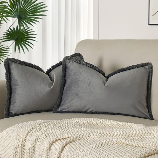 JUSPURBET Gray Lumbar Velvet Throw Pillow Covers 12x20 Inch Set of 2 with Soft Tassel Fringe Luxury Boho Pillowcase for Sofa Couch Bed Home Decor Machine Washable