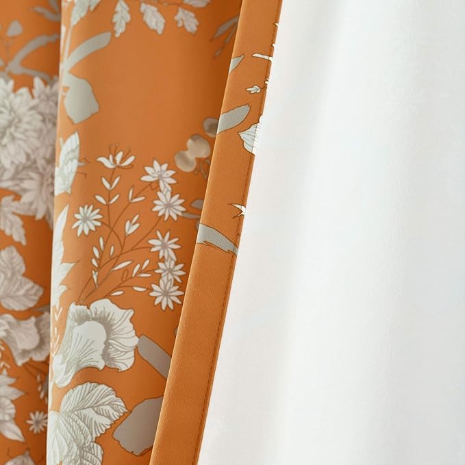 Lush Decor Botanical Garden Curtains Floral Bird Print Light Filtering Window Panel Drapes Set for Living, Dining, Bedroom (Pair), Orange, 52"W x 84L"