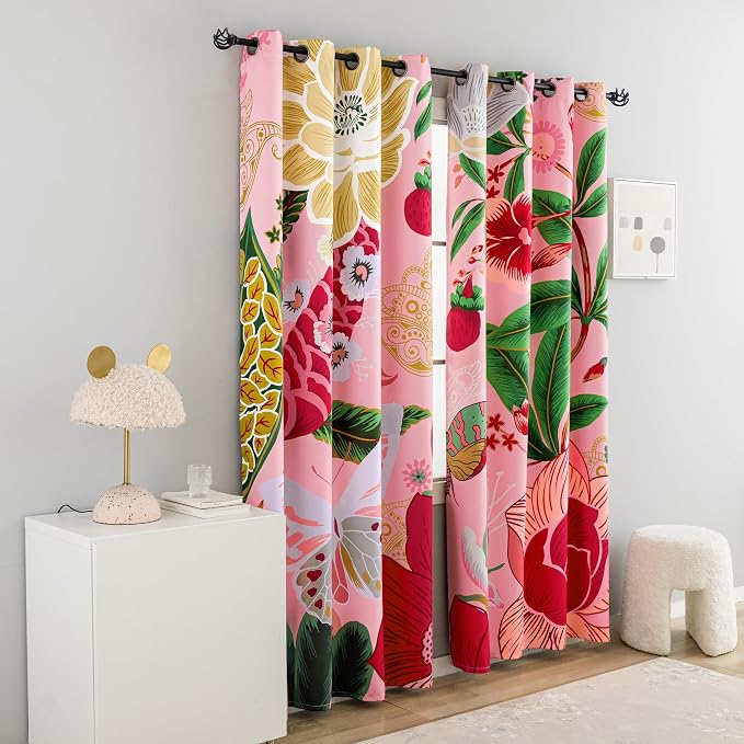 Tyrot Pink Boho Floral Blackout Curtains for Girls Bedroom 84 inch Long 2 Panels Butterfly Black Out Curtains for Living Room Grommet Nursery Thermal Insulated Room Darkening Window Drapes,52Wx84L