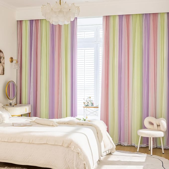 XiDi Blackout Curtains with Sheer Overlay for Girls Bedroom Double Layer Curtains for Kids Nursery Room Darkening Rainbow Princess Unicorn Wall Decals Pink Yellow Purple Grommet Top 2 Panels W34xL63