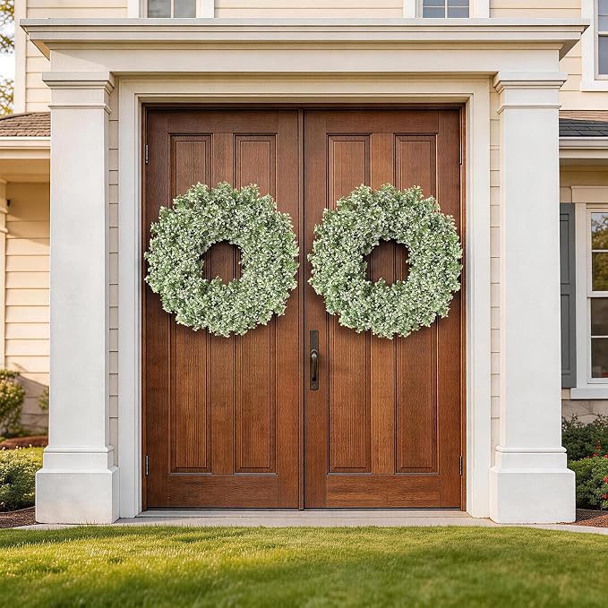 32" Large Artificial Boxwood Wreath for Front Door (White-Green) | Waterproof Fade Resistant,Premium Durable,Faux Aglaia Odorata Wreath,for Wall Window Farmhouse Outdoor All Seasons Decor