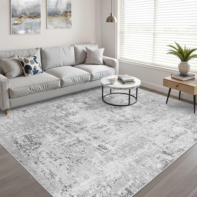 10x12 Area Rug Living Room: Washable Large Neutral Rug Abstract Soft Modern Stain Resistant Indoor Floor Non-Slip Carpet for Bedroom Nursery Kids Office Playroom Dining Room Under Table- Light Gray