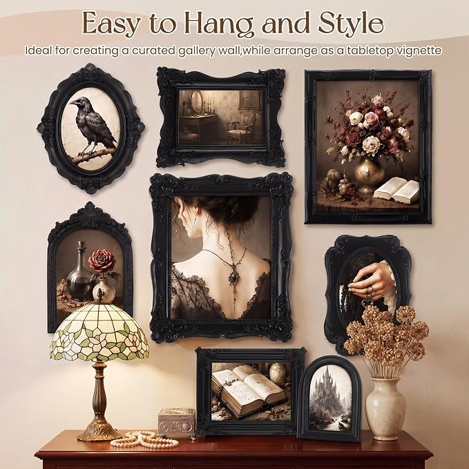 Lineshading 8 Pcs Gothic Picture Vintage Gallery Wall Frame Set, 8x10, 5x7 & 4x6 Antique Black Ornate Resin Picture Frame Collage Gothic Home Decor for Wall Tabletop Display for Bedroom